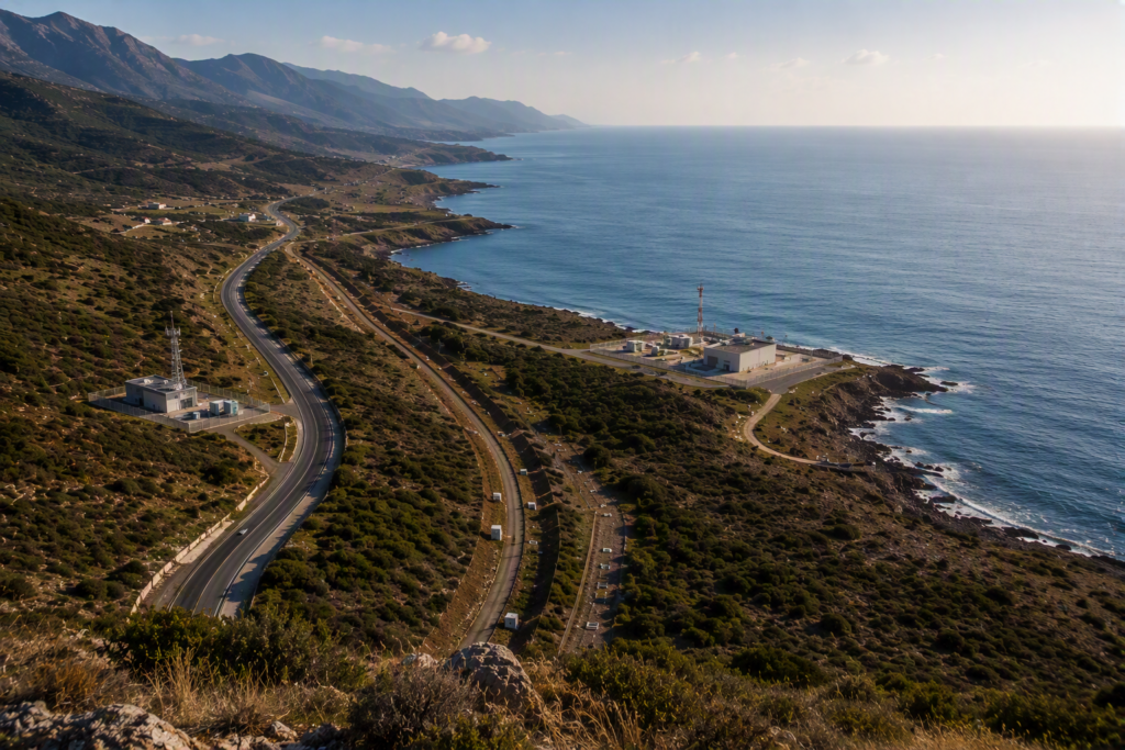 Coastal infrastructure site with technical facilities, roads and network infrastructure overlooking the sea.