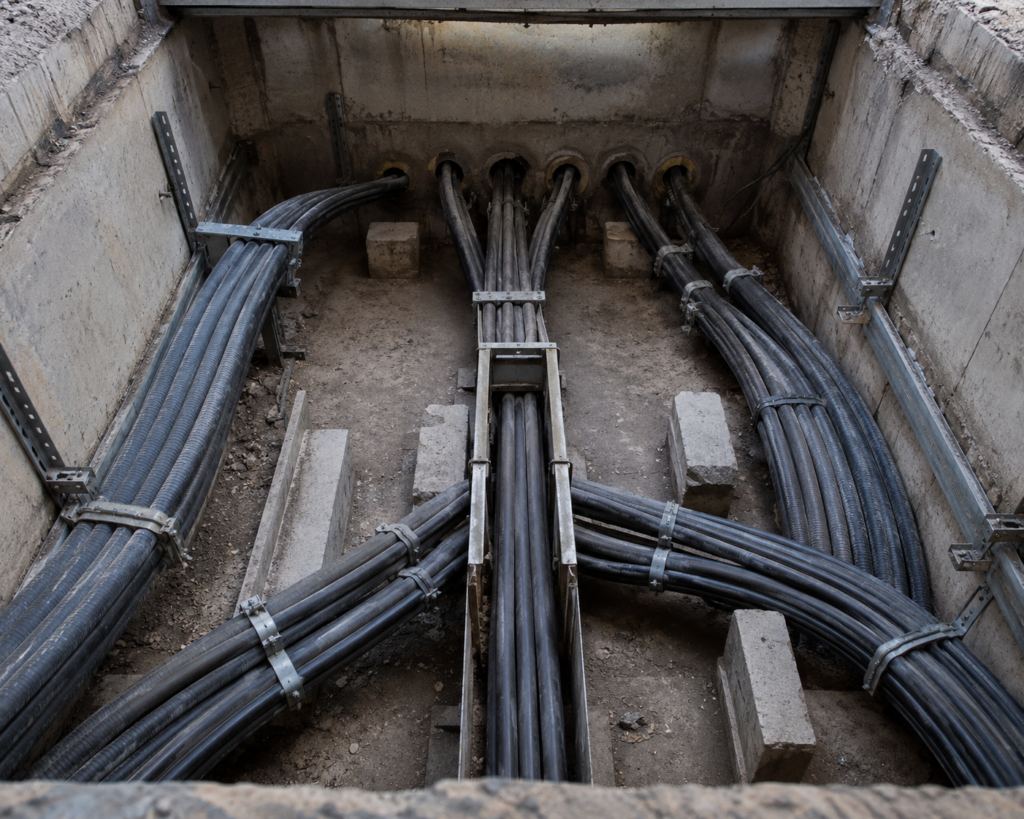 Bundles of telecommunications cables installed in an underground concrete cable chamber.